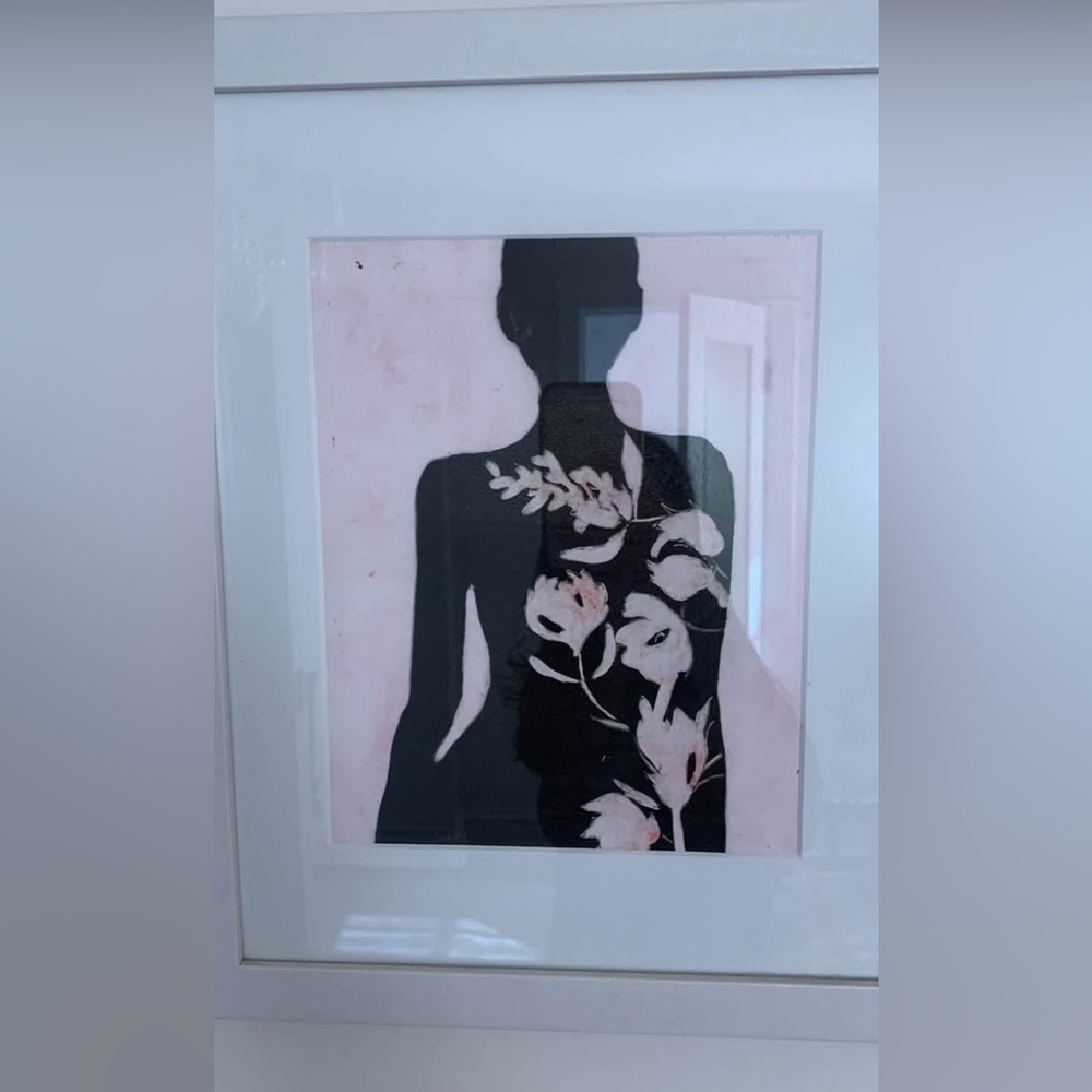 Framed Black and Pink Silhouette Floral Art Print